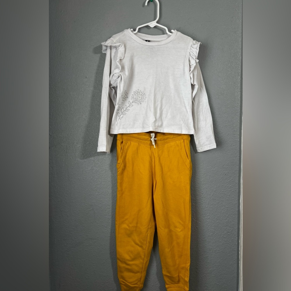 White Ruffle Top and Mustard Pants Set
